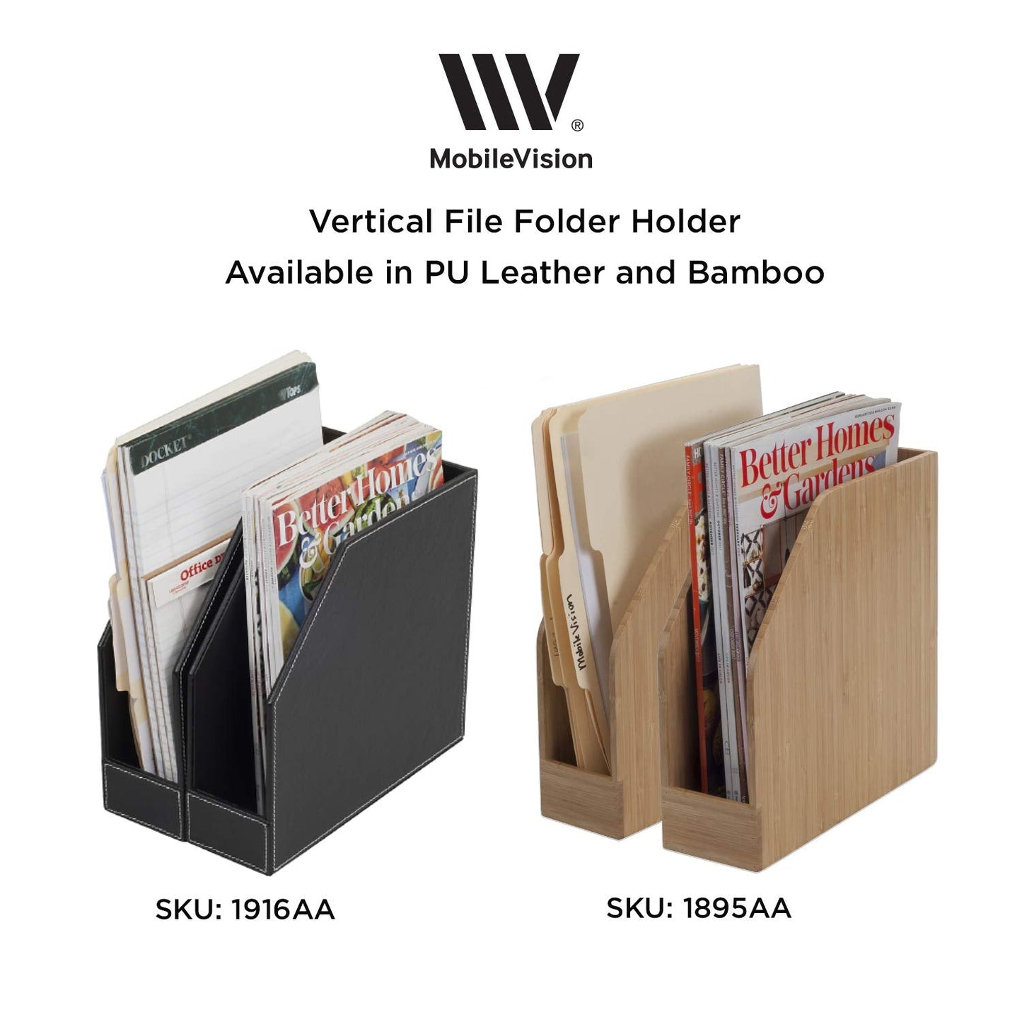 MobileVision Executive Leather Vertical File Folder Holder & Office Product Organizer, Store Files, Magazines, Notepads, Books and more, 2 Pack Combo Set