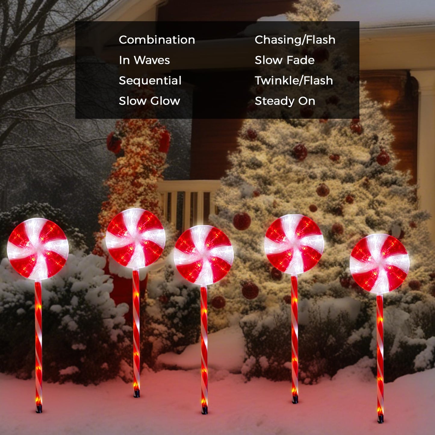 Outdoor Christmas Decorations Solar Pathway Lights, Set of 5 Lollipops Peppermint Stake Lights, 8 Modes Candy Cane Walkside Lights, Outdoor Xmas Decoration for Walkway,Yard (5PCS-Red)