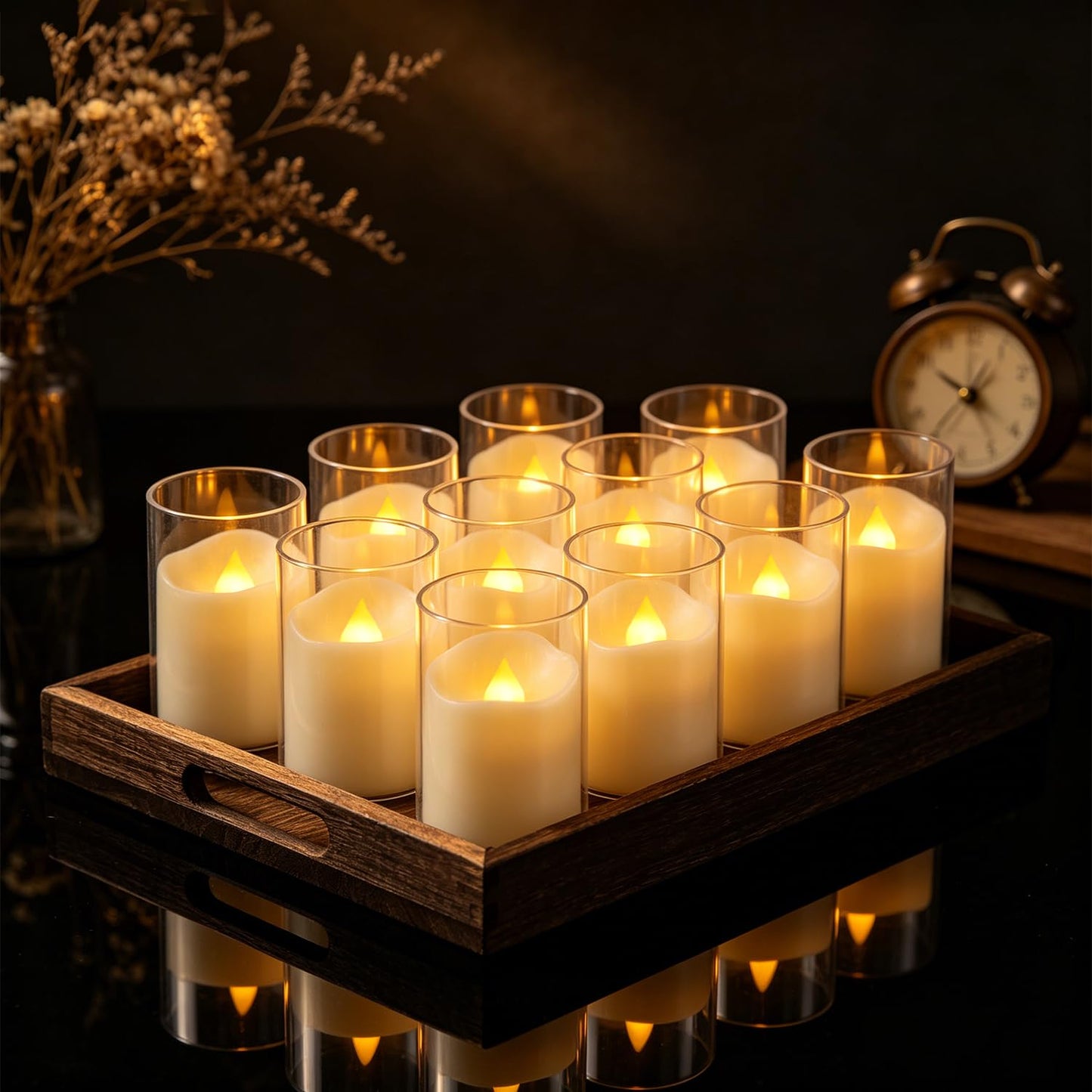 fclayvts 24 Pack Flameless LED Candles with Clear Glass Holder, Battery Operated Real Wax Tea Lights with Remote & Timer, Flickering Warm Light Fireless Votive Candles for Home Wedding Holiday Decor