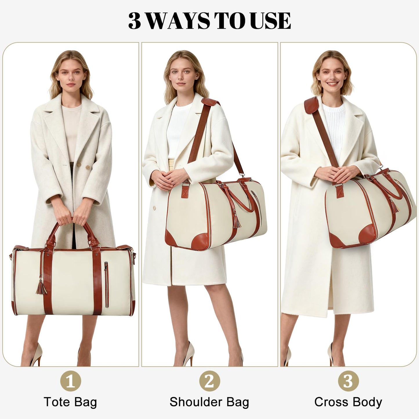 Geestock Garment Bag for Travel, Convertible Carry On Garment Duffle Bags for Women with Shoe Pouch & Detachable Shoulder Strap, Large PU Leather, 2 in 1 Hanging Suitcase Dress Suit Travel Bag, Beige
