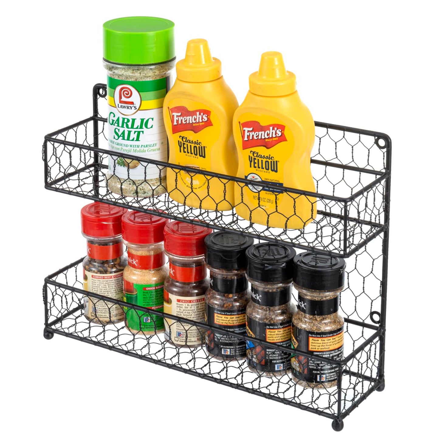 MyGift® Farmhouse Style Metal Wire Spice Rack - Wall Mount or Kitchen Countertop 2-Tier Seasoning Jar Storage Organizer, Black