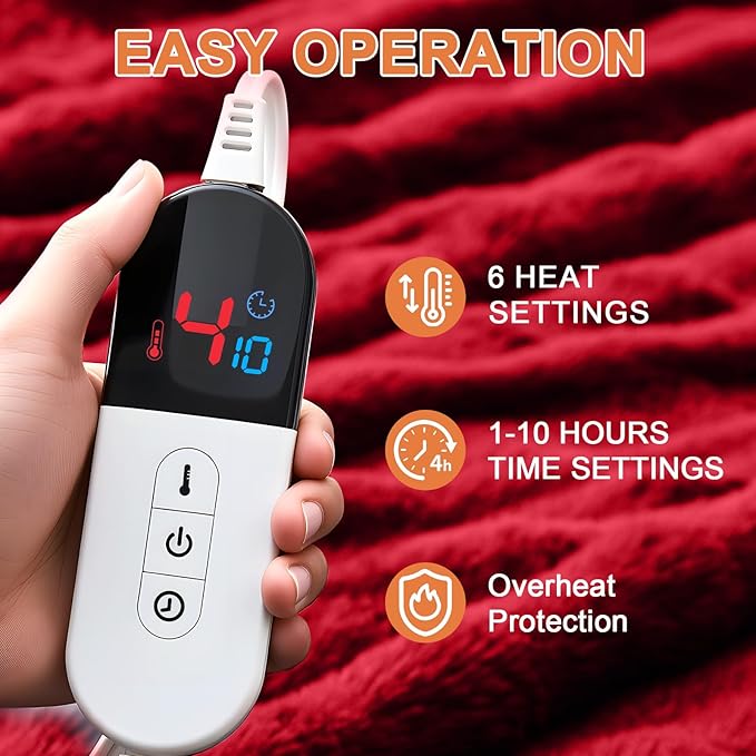 Heated Blanket Electric Throw Blanket 72''X 84''-Heating Blanket with 6 Heat Settings-10 Hours Auto Off,Cozy Faux Rabbit Fur Bubble Electric Blanket,Red