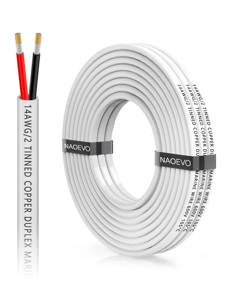 NAOEVO 14 Gauge Marine Wire Duplex, 14 AWG Stranded PVC Marine Electrical Wire, Waterproof/Corrosion Resistant/Tinned Copper Electrical Cable for Boat/Automotive/RV/Solar (15FT)