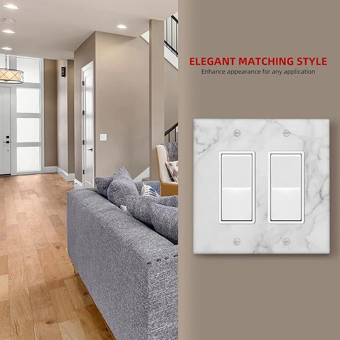 White Marble Pattern Wall Plate Decorative Double Rocker Outlet Light Switch Cover 2-Gang Decorator Art Print Faceplate for Bedroom Kitchen Kids Room Decor 4.6" X 4.5"