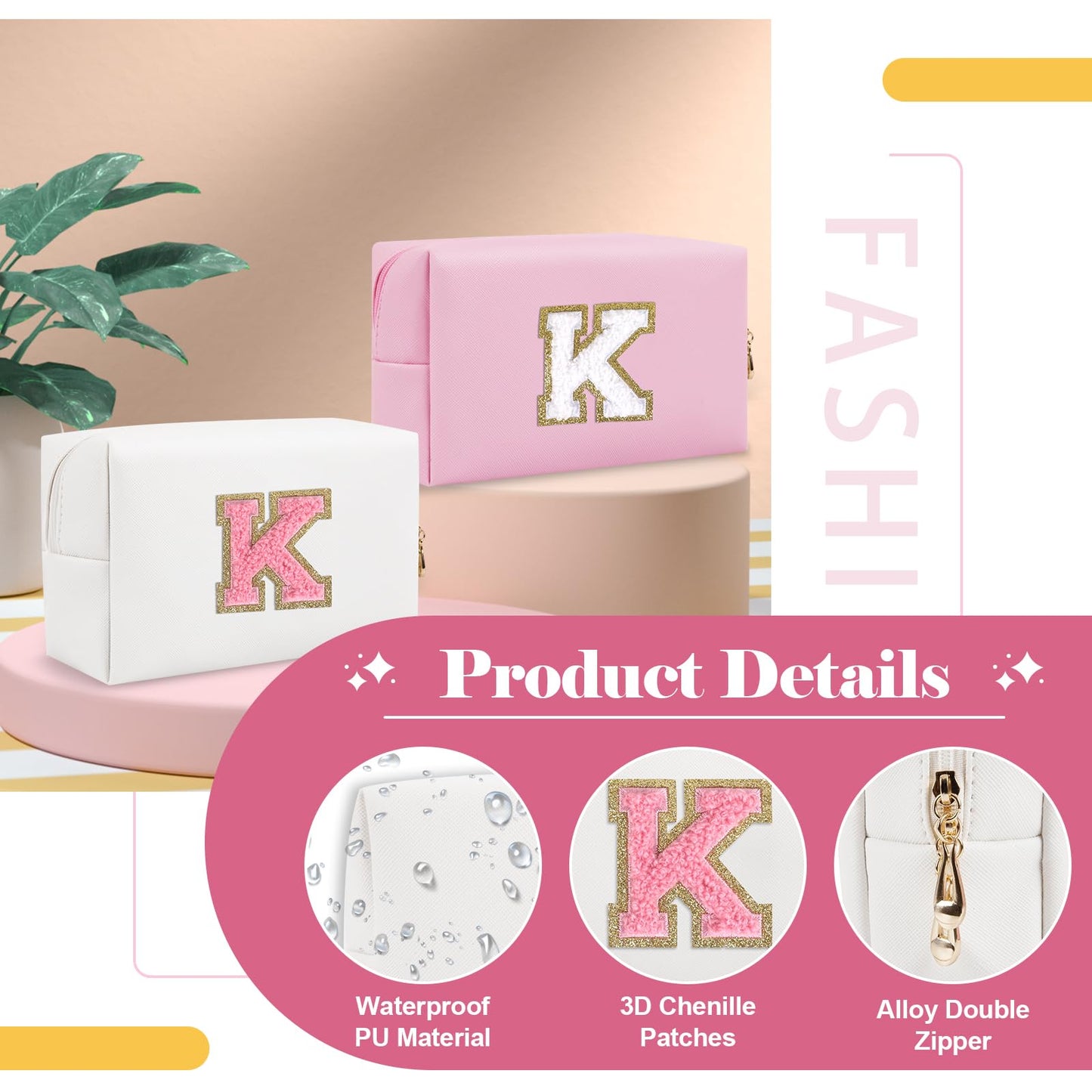 Personalized Makeup Bag Initial A-Z Preppy Patch Bag,Small PU Leather Travel Cosmetic Bag Pouch with Zipper,White Cute Toiletry Bag,Gift Ideal for Teen Girls Women Birthday Friend Mom,Letter K
