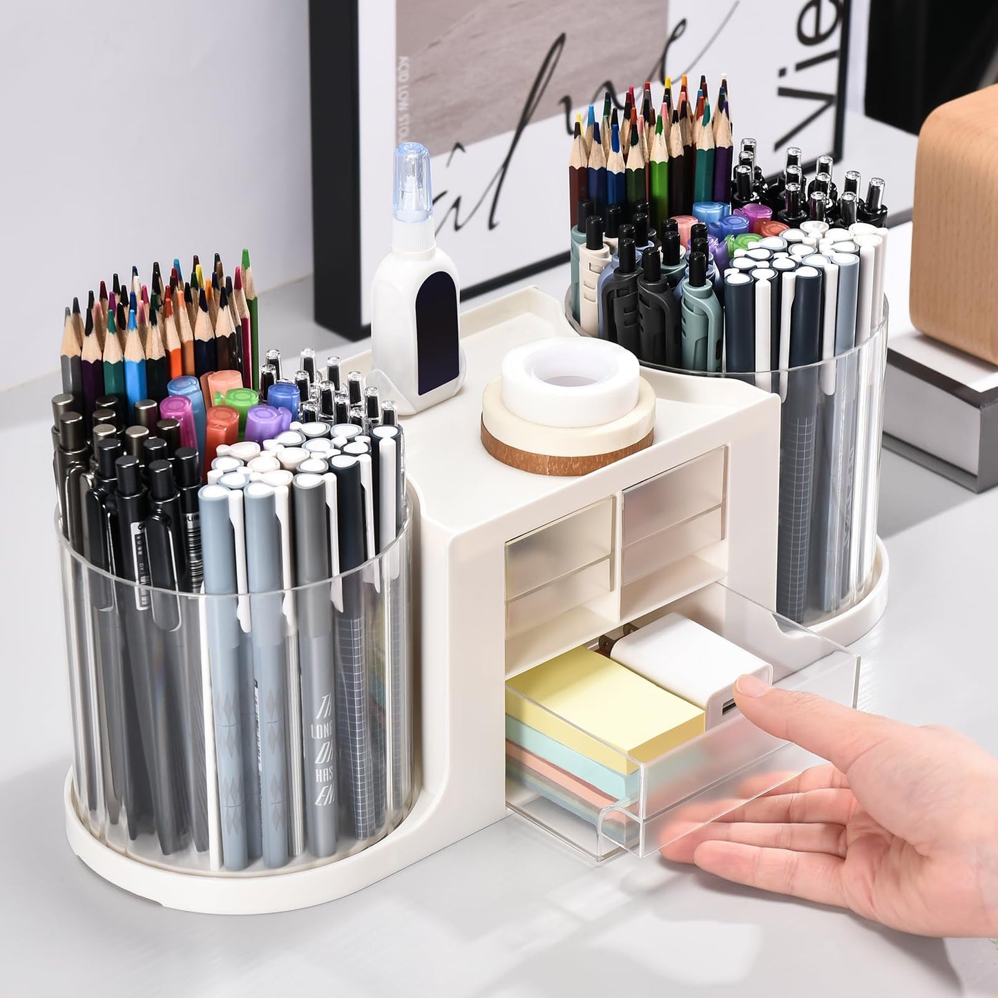 KLIONGO Rotating Desk Organizer with 2 Pen Holder, Desk Organizers and Accessories with 10 Slots Pencil Holder for Desk + 3 Drawer, Art Supply Storage Box Caddy for Office School Home (White)