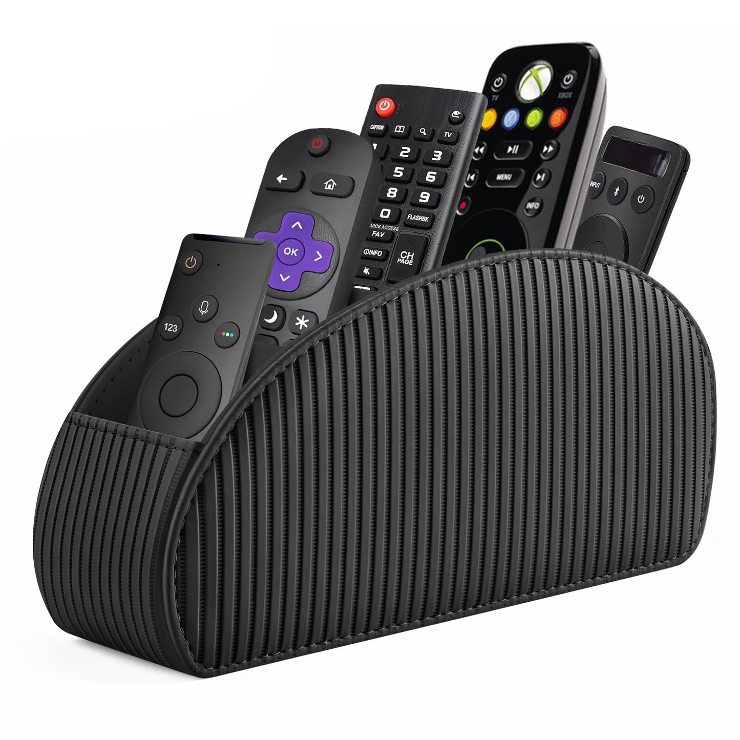 SITHON Remote Control Holder with 5 Compartments - PU Leather Remote Caddy Desktop Organizer Store TV, DVD, Blu-Ray, Media Player, Heater Controllers, Stripe Black