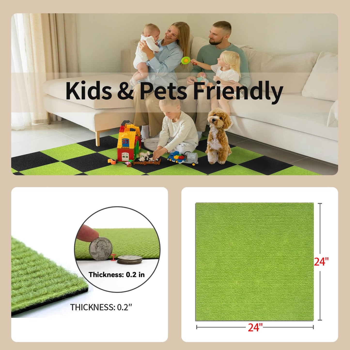 AKIVIDA Carpet Tiles Peel and Stick 24”x 24” Carpet Squares 12Pcs Non-Slip Self Adhesive Floor Tile DIY Reusable Waterproof Carpet for Gym Garage Tiles Green