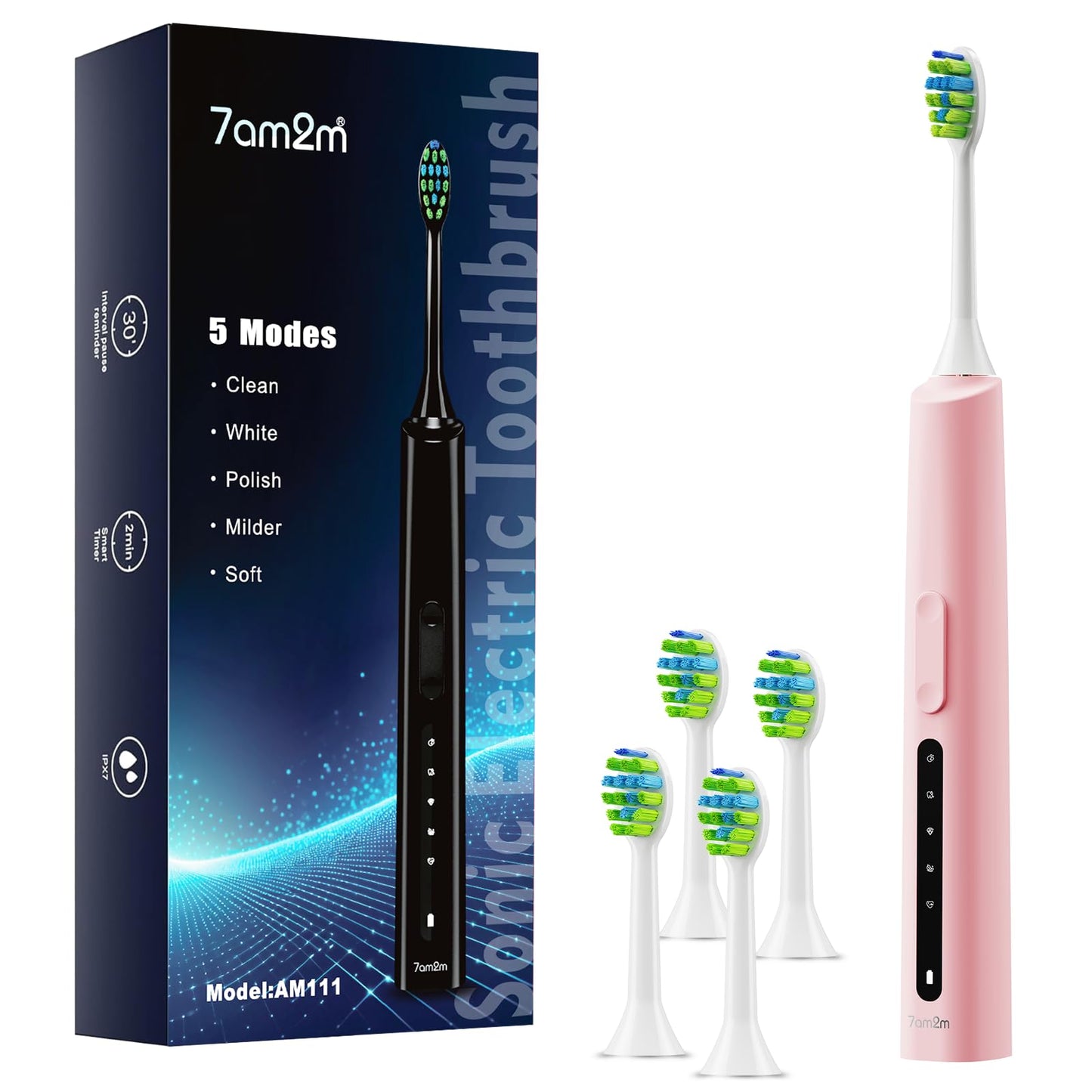 7AM2M Sonic Electric Toothbrush for Adults and Kids, 40000VPM Power Toothbrushes, USB-C Rechargeable with 4 Brush Heads, 5 Modes, 2 Minutes Built in Smart Timer, One Charge for 60 Days (Black)