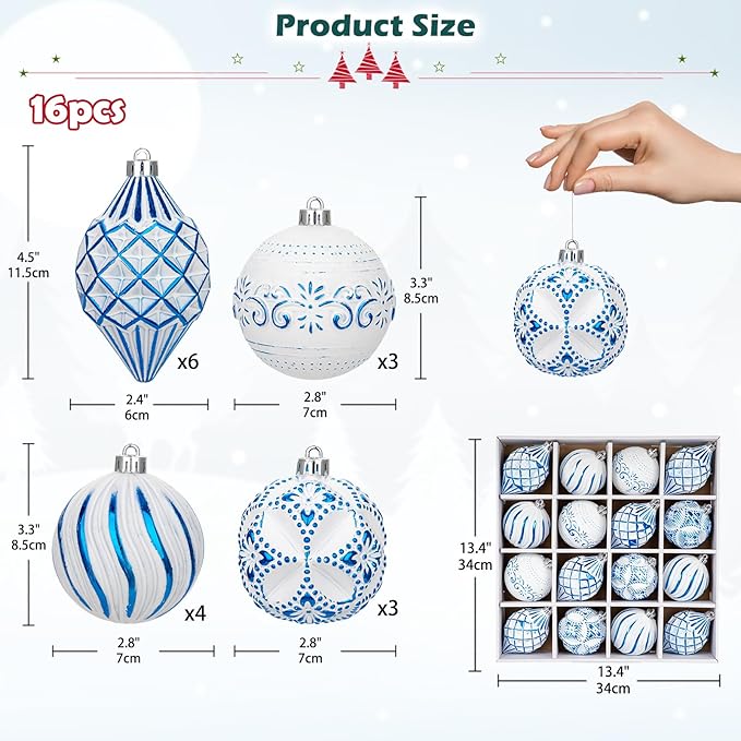 16PCS Shatterproof Christmas Ball Ornaments Set, Hand-Painted Holiday Decor with Assorted Sizes & Designs for Christmas Tree Thanksgiving Party Decoration, Blue-White