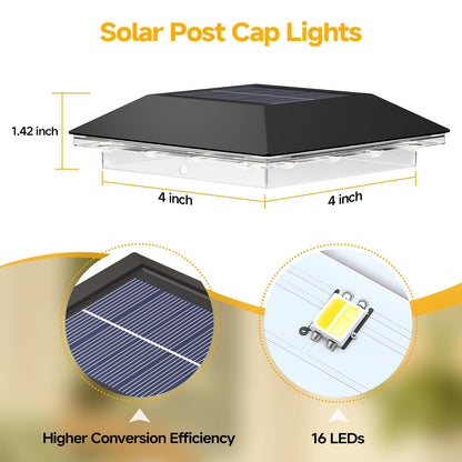 Mlambert 4 Pack Solar Post Cap Lights Outdoor - 3 Lighting Modes Waterproof LED Solar Post Lights Fit 3.5×3.5 Wood/4×4 Vinyl Fence Deck Posts, Black