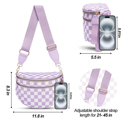 Checkered Crossbody Bag,Nylon Bum Bags for Women Crossbody,Spacious Sling Bag Purse Fanny Packs with Shoulder Strap