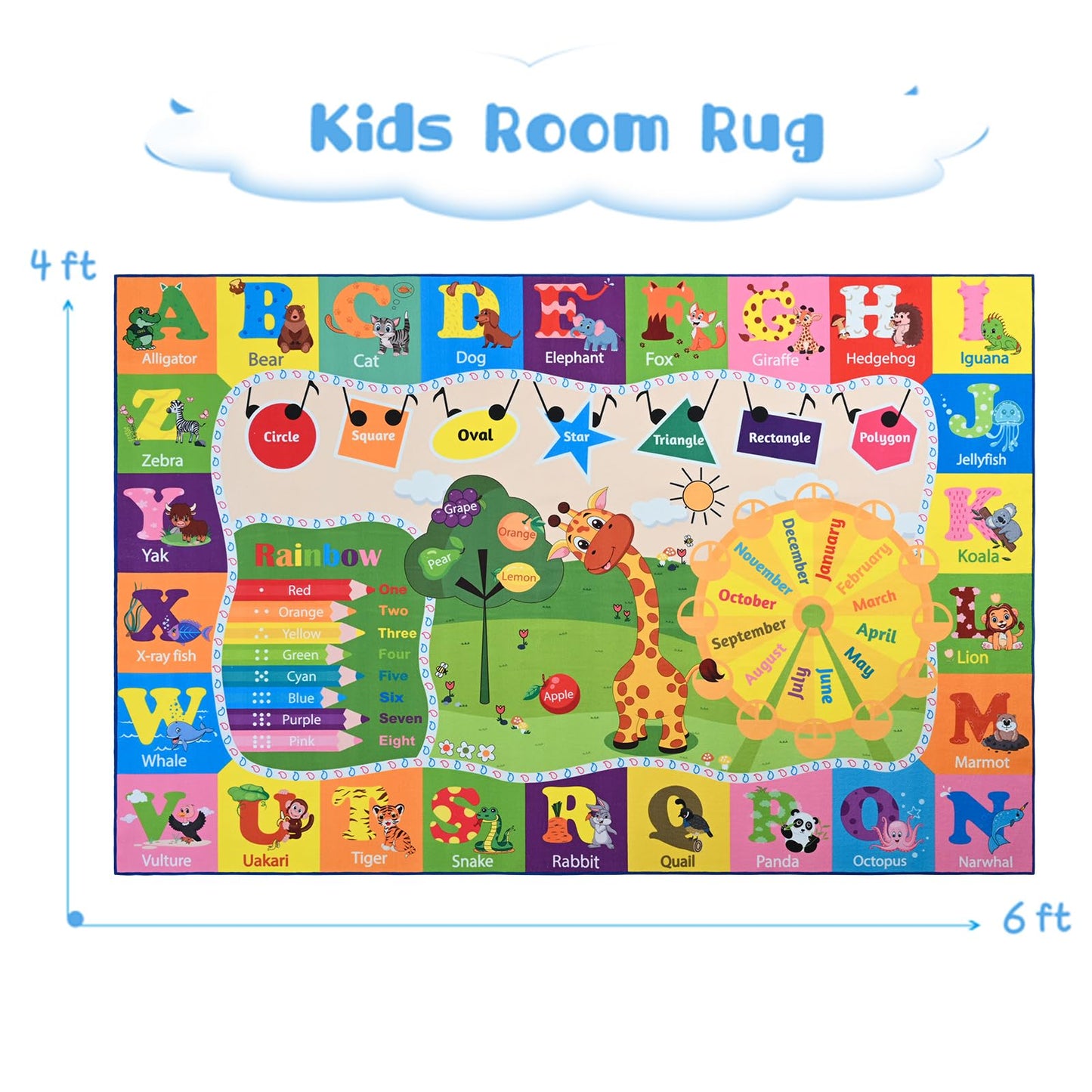 B BENRON Kids Rugs for Playroom Classroom Bedroom, Educational and Fun Play Mat with ABC Alphabet Animals, Learning Rug for Children Toddler Baby Girls Boys Nursery, Washable, 4x6