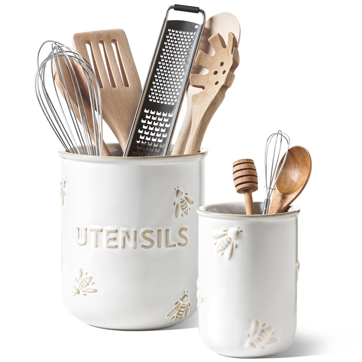 LE TAUCI Kitchen Utensil Holder Set of 2 - 6.9"+5.3" Large Ceramic Cooking Utensil Crock & Organizer for Spatula, Spoon, Whisk - Farmhouse Countertop Storage, Arctic White, Embossed, Bee