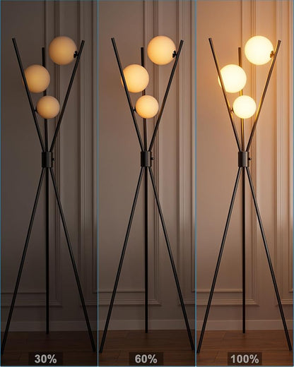 Lightdot 60IN Dimmable Tripod Floor Lamp Mid Century Black Standing Lamps with 3Pcs 3000K G9 Bulbs Globe Eye Care&Stable Base Modern Tall Lamp for Living Room Bedroom Office