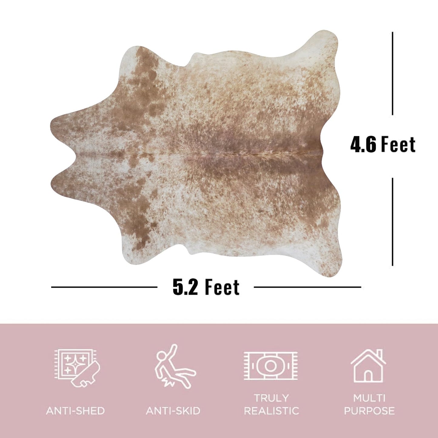 Cowhide Rug 4.6x5.2 ft Faux Cow Hide Cow Skin Rug Animal Cow Print Non Slip Brown Area Carpet for Bedroom Living Room Dining Room Western Decor