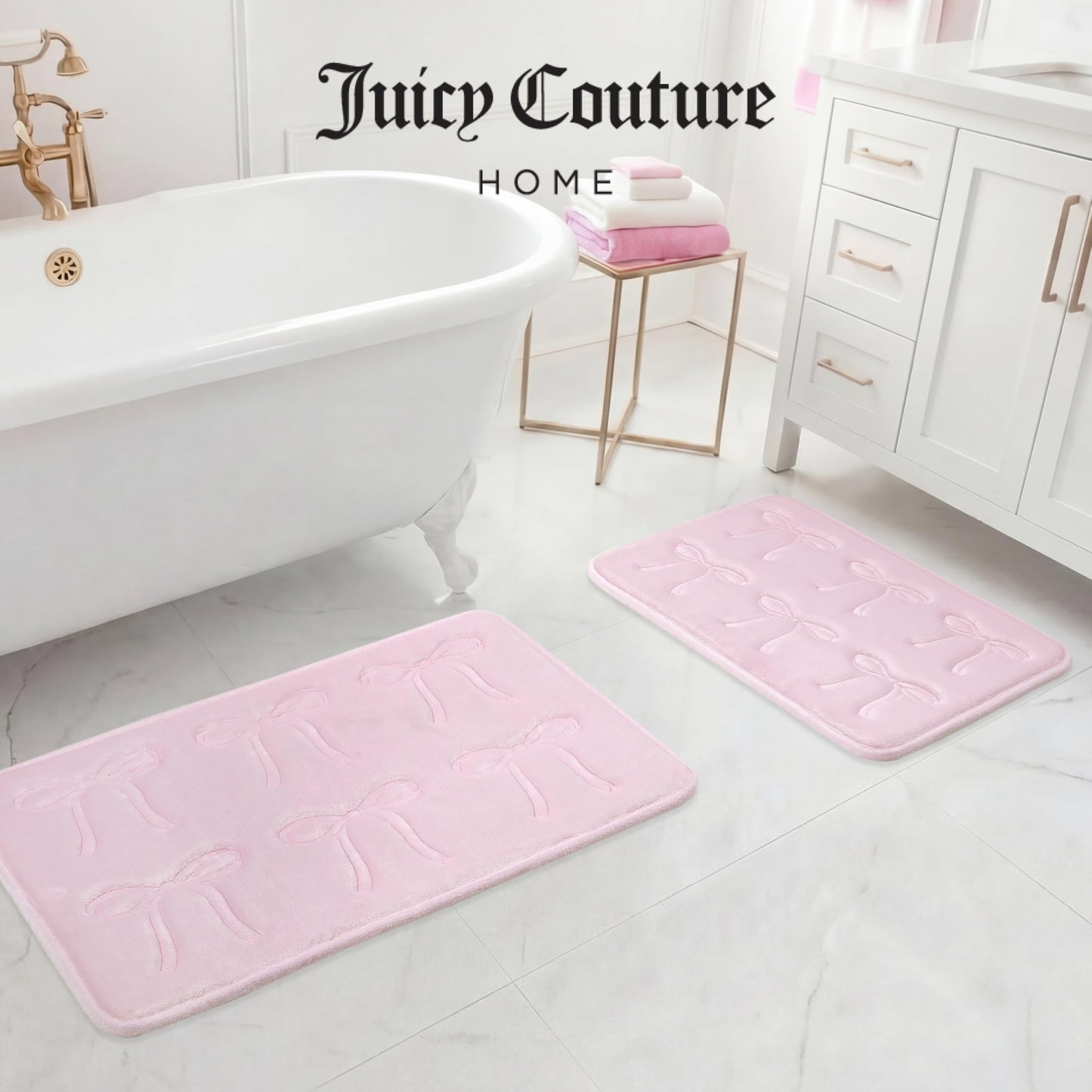 Juicy Couture Quilted 2-Piece Memory Foam Bath Mat Set 17" x 24" / 20" x 32" Clara Bows Light Pink Skid-Resistant Bath Rug Set