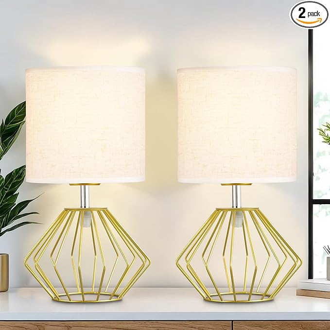 Hamilyeah Table Lamps Set of 2, Gold Bedside Lamps with On/Off Switch, Industrial Night Stand Lamps with Linen Beige Fabric Shade, Simple Modern Lamp for Bedroom, Living Room