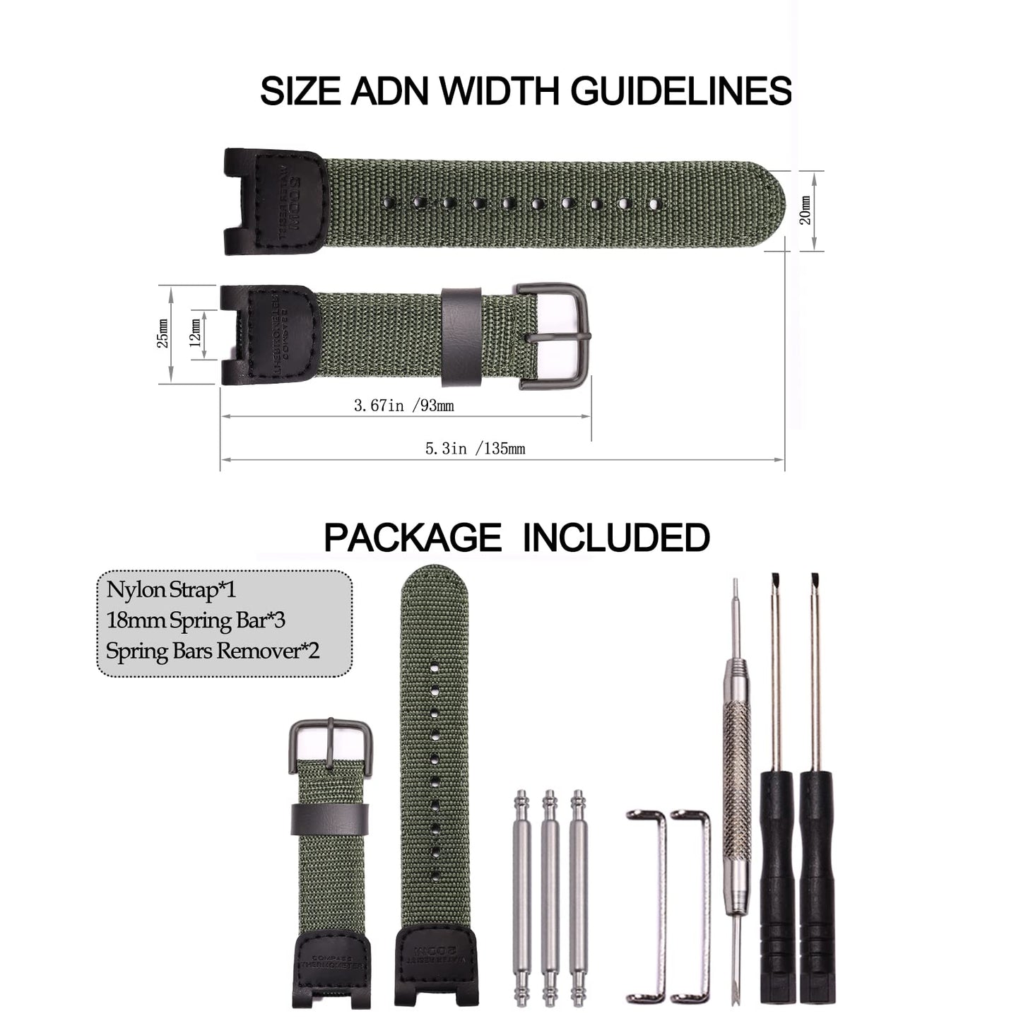 Nylon Watch Strap Compatible with Casio SGW-100 SGW-200 GW-3000B GW-3500B Replacement For Pathfinder PAS410 Band 24mm Men's Leather Strap -ArmyGreen