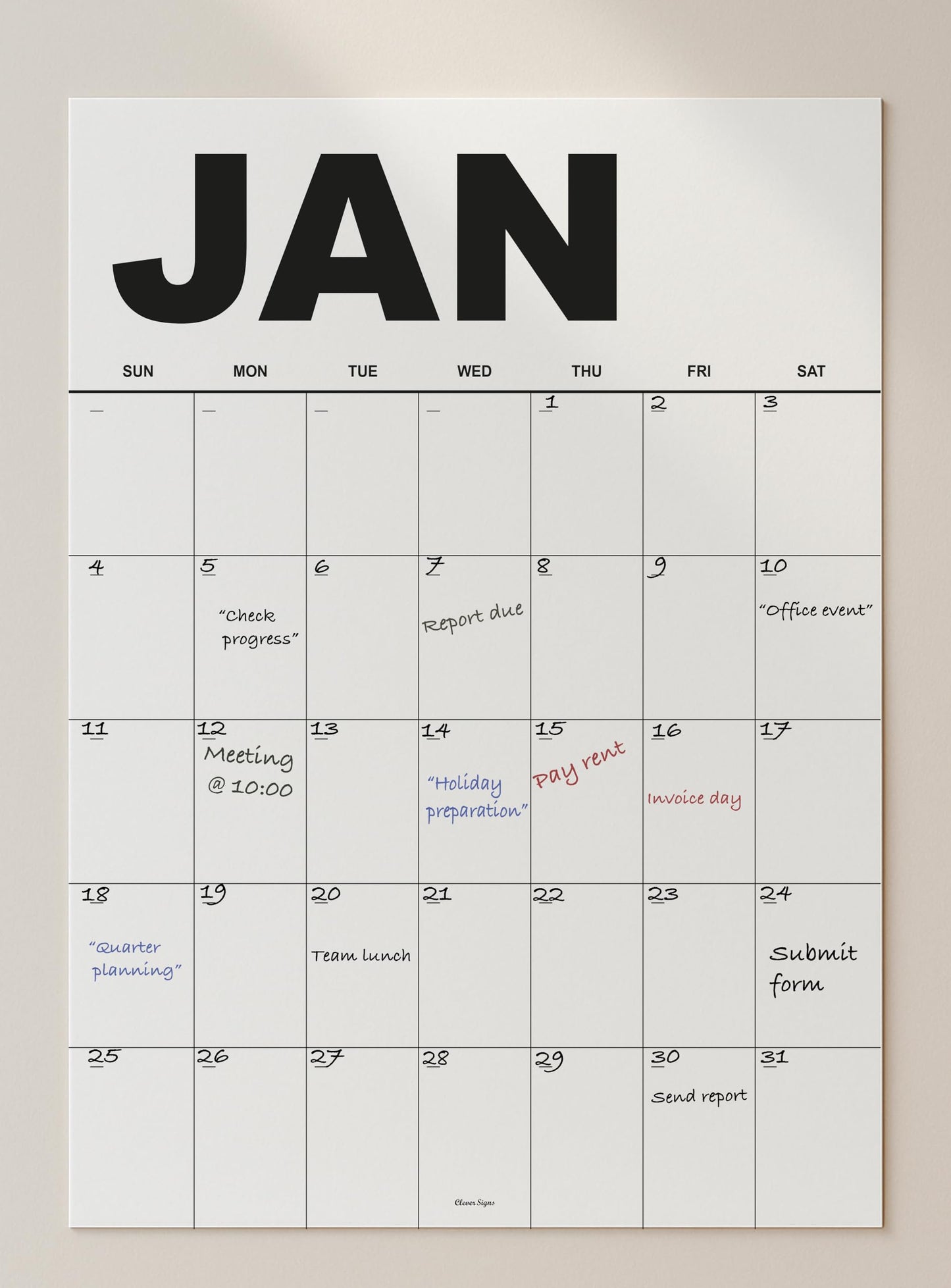 Dry Erase Undated Wall Calendar Planner – Minimal Black Design, Set of 12 A3 Monthly Sheets, Premium Thick Paper, Large Daily Boxes, Glossy Reusable Surface, Packed Flat – Not Folded