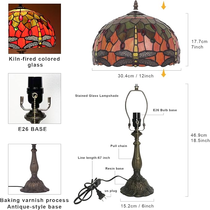 Tiffany Table Lamp Stained Glass Bedside Table Lamp Desk Reading Light 12 Inches Bedroom Living Room Home Office Decor Lamp(Yellow Dragonfly)