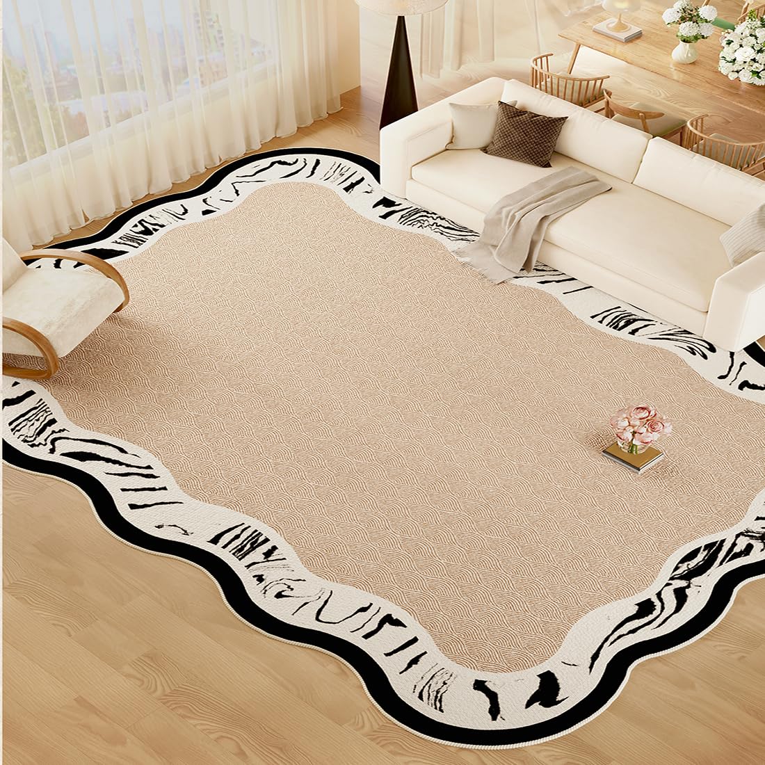 Irregular Shaped Rug with Scalloped Edges Black Beige Solid Modern Abstract Washable Area Rugs for Living Room Bedroom Nursery Playroom Contemporary Aesthetic Non-Slip Indoor Accent Carpet 2x3