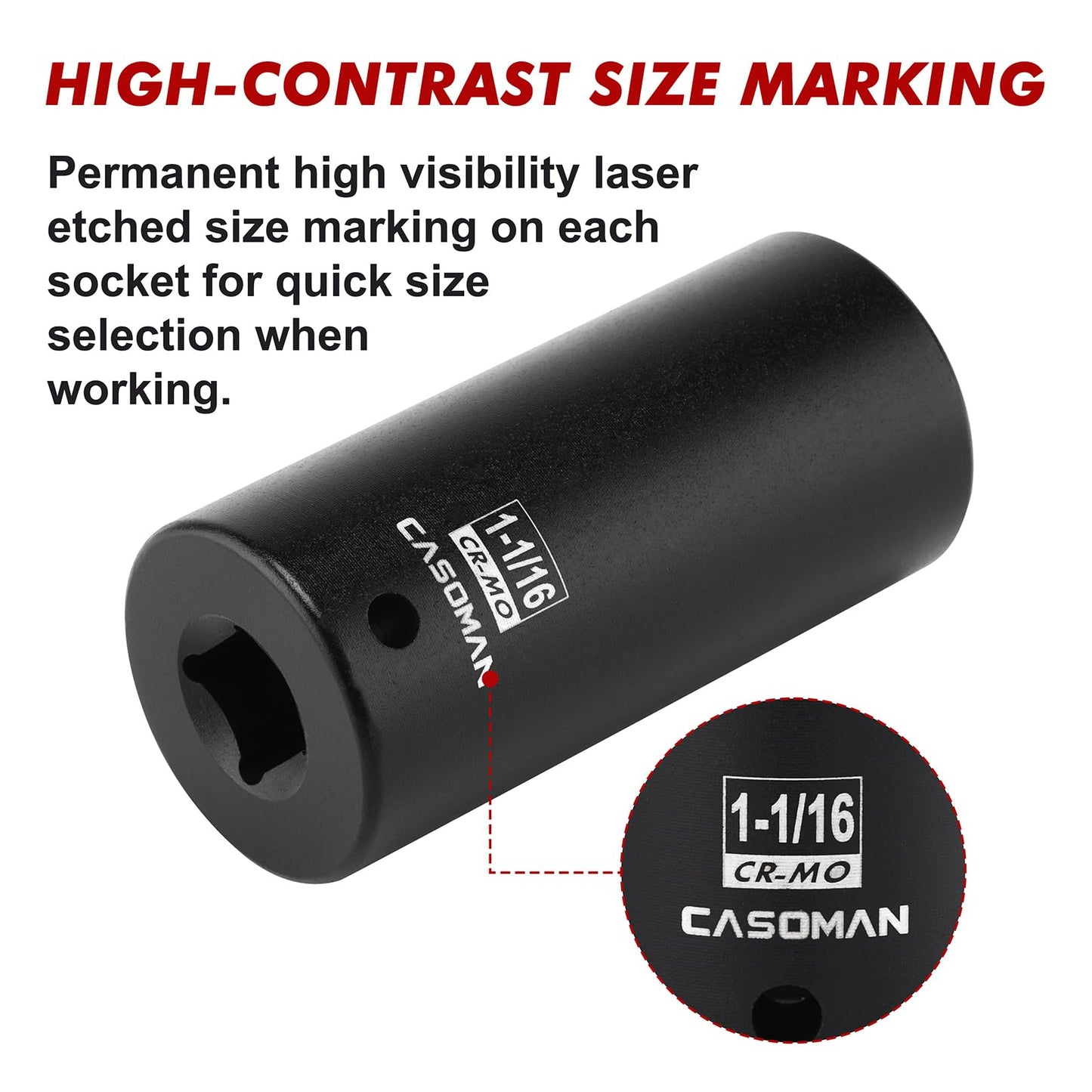 CASOMAN 1/2" Drive x 1-1/16" Deep Impact Socket, 6-Point, SAE, CR-MO