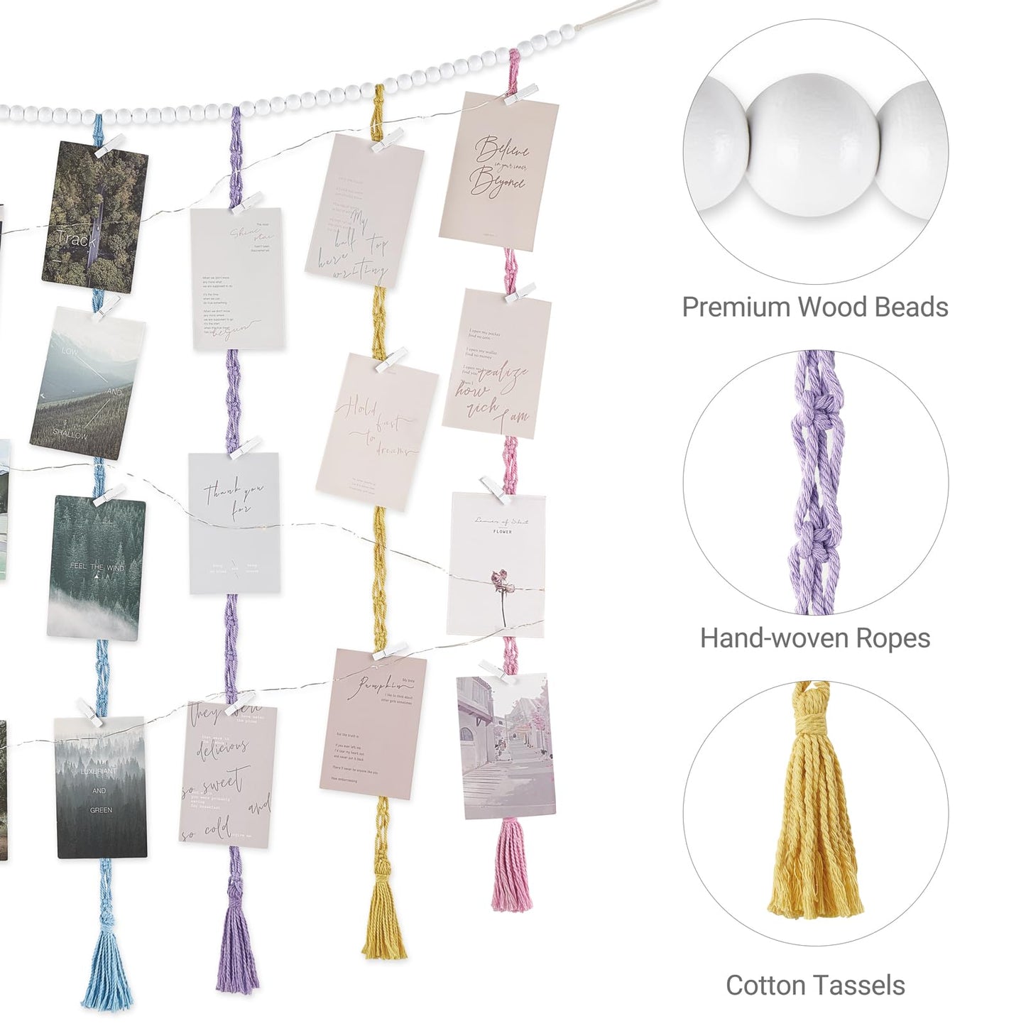 Mkono Macrame Hanging Photo Display Wall Decor with String Lights, Boho Wooden Beads Garland Collage Picture Card Frame Holder with 45 Clips for Bedroom Living Room Dorm, Teen Girls Gifts