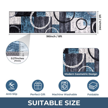 Yamaziot Modern Abstract Runner Rug, Ultra Soft 2x8 Washable Rug with Non-Slip Backing, Low Pile Patchwork Throw Carpet for Hallway, Entryway, Kitchen, Bedroom (Blue, Geometric Circle)