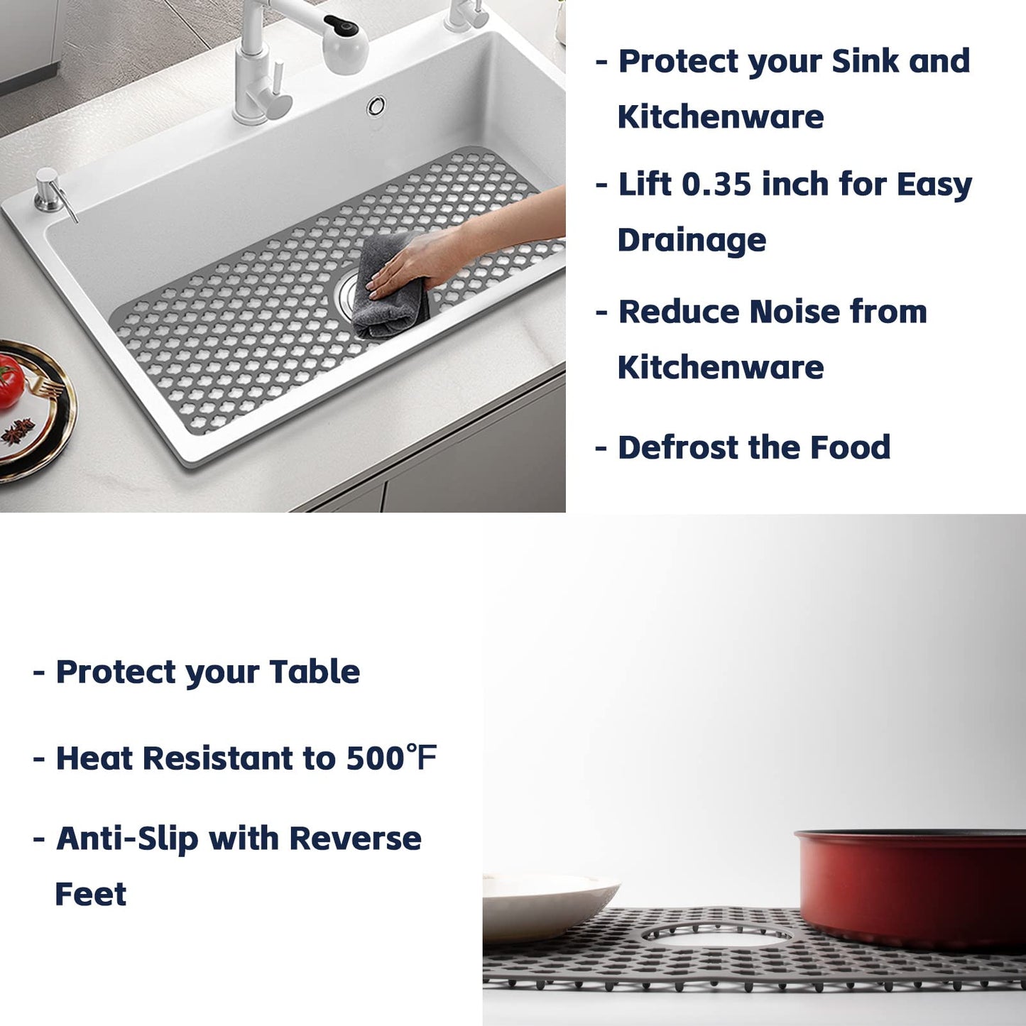 TwinnekYR Silicone Sink Mat, 24.6''x 12.9'' Kitchen Sink Protector Grid for Bottom of Center Drain Sink, Gray Non-slip Heat Resistant Liner for Farmhouse Stainless Steel Porcelain Sink