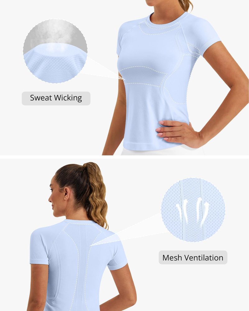 Stelle Women Workout Tops Short Sleeve Seamless Athletic Shirts Yoga Gym Sports Breathable Tees(Blue,S)