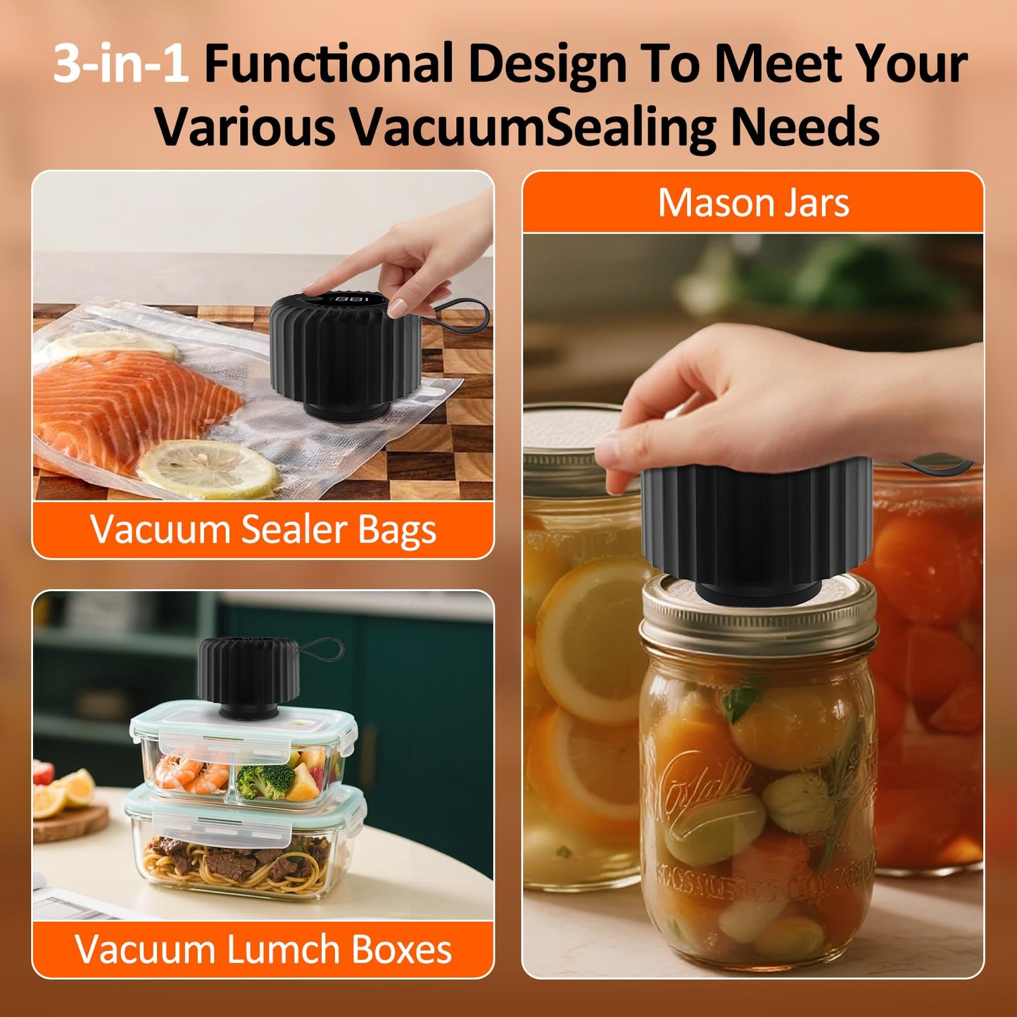 Electric Mason Jar Vacuum Sealer, Upgraded 3-in-1 Mason Vacuum Sealer Kit, Canning Supplies for Wide & Regular Mouth, Fully Automated and Portable for Food Storage (Black)