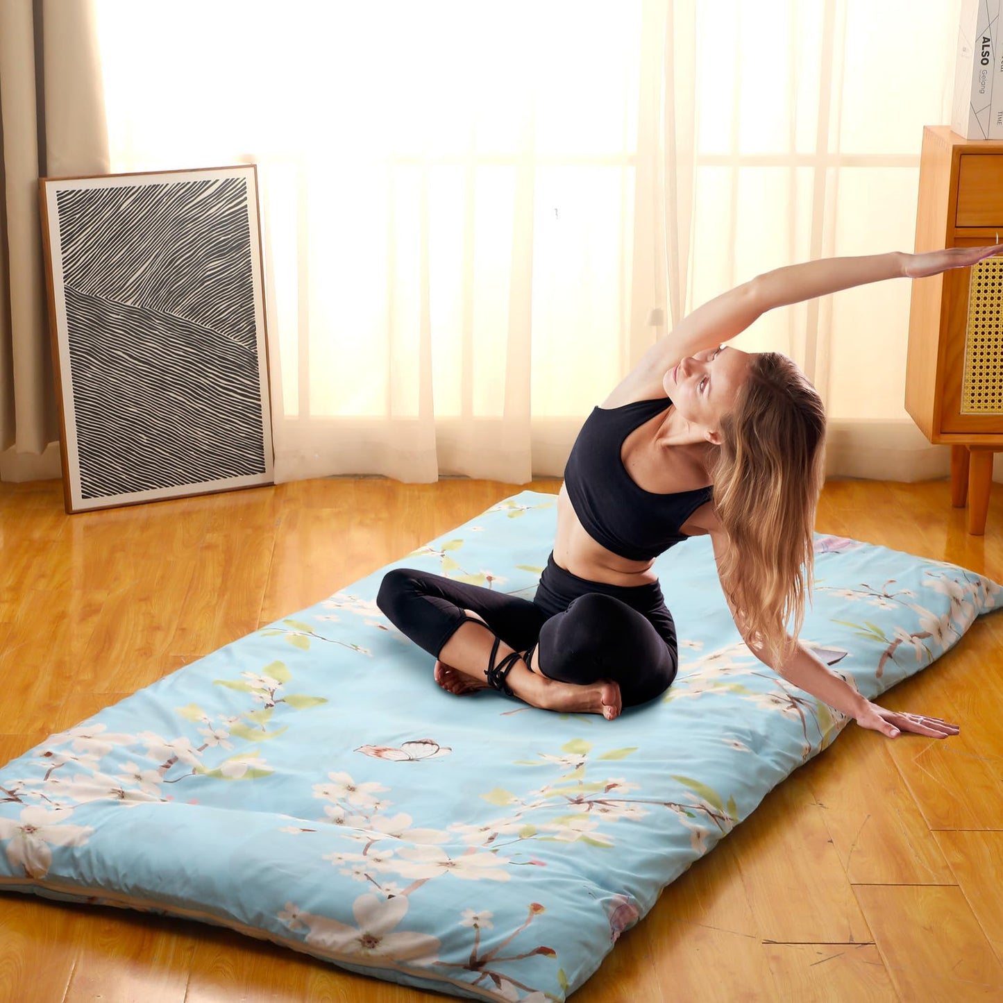 Preboun Futon Mattress Cover with Zipper 84 x 58/80 x 39 Japanese Floor Cushion Tatami Thai Korean Sleep Mats Protector Cover Washable Skin Friendly Without Futon(Flower,Twin Size,Blue)