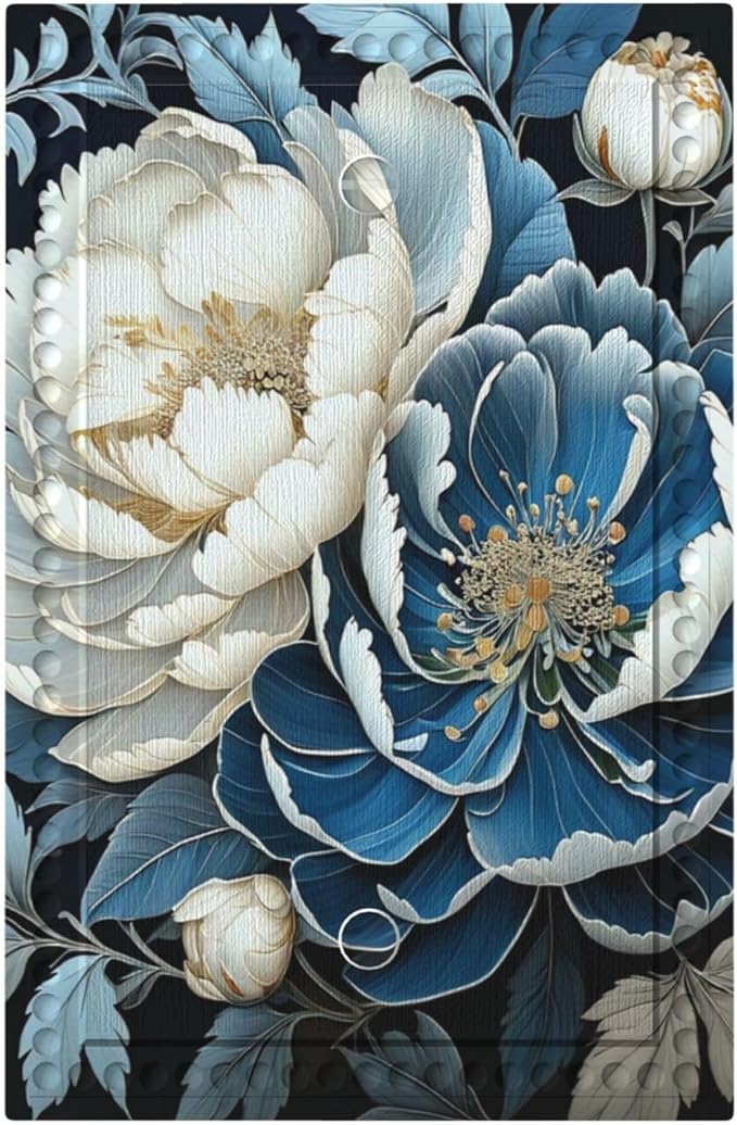 White Blue Flower Peonies Light Switch Covers No Device Wall Plate 1 Gang Decorative Blank Switchplate Electrical Faceplate for Farmhouse Living Bedroom Decor