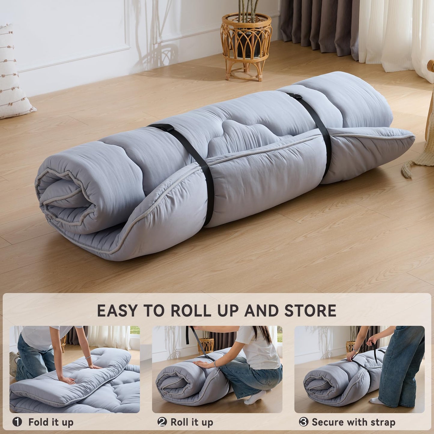 Ingdgnoso Japanese Floor Mattress, 3.5" Thicken Futon Mattress Tatami Mat, High Density Foam Support for Adult Kids Sleep, Portable Futon Sofa Bed for Camping, Pet Mat, Twin 80"x 39"（Silver Gray）
