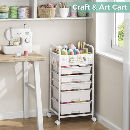 5 Drawer Rolling Storage Cart with Pegboard Top and Hooks, Mobile Utility Organizer with Wheels for Office Supplies, Craft Storage, Classroom Organization, Home Storage Cart, White