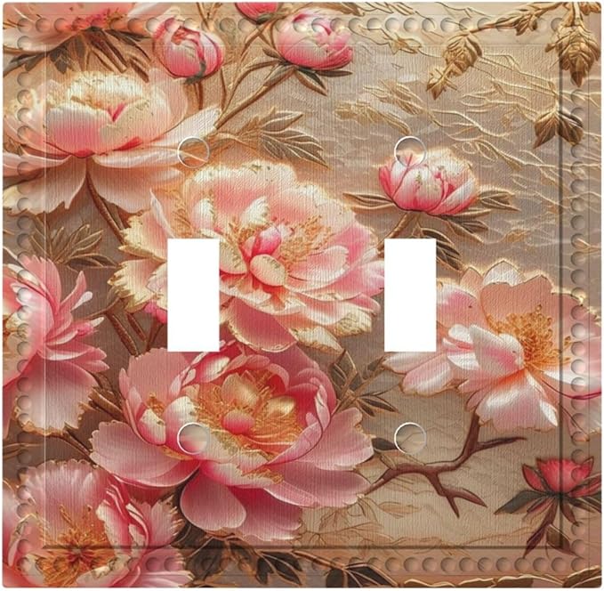 Pink Blooming Flowers Peonies Floral Light Switch Covers Double Toggle 2 Gang Wall Plate Dual Decorative Switch plate Electrical Faceplate for Farmhouse Living Room Decor