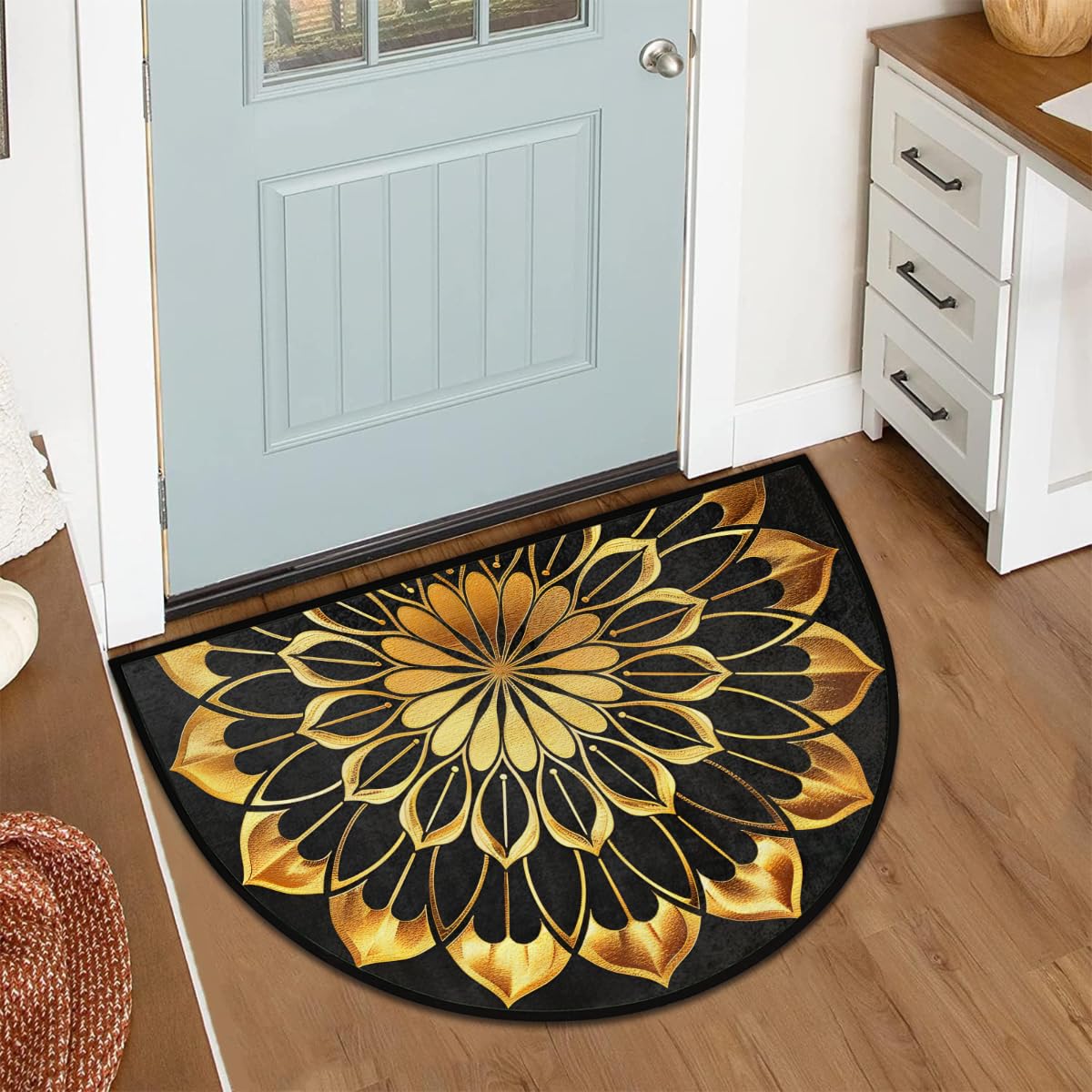 Half Round Doormat Mandala Ethnic Gold Florals Non Slip Half Circle Area Rugs Indoor Washable Half Moon Rug Semi Circle Bathroom Runner Mat Entrance Floor Carpet for Kithen Bedroom Fireplace Decor