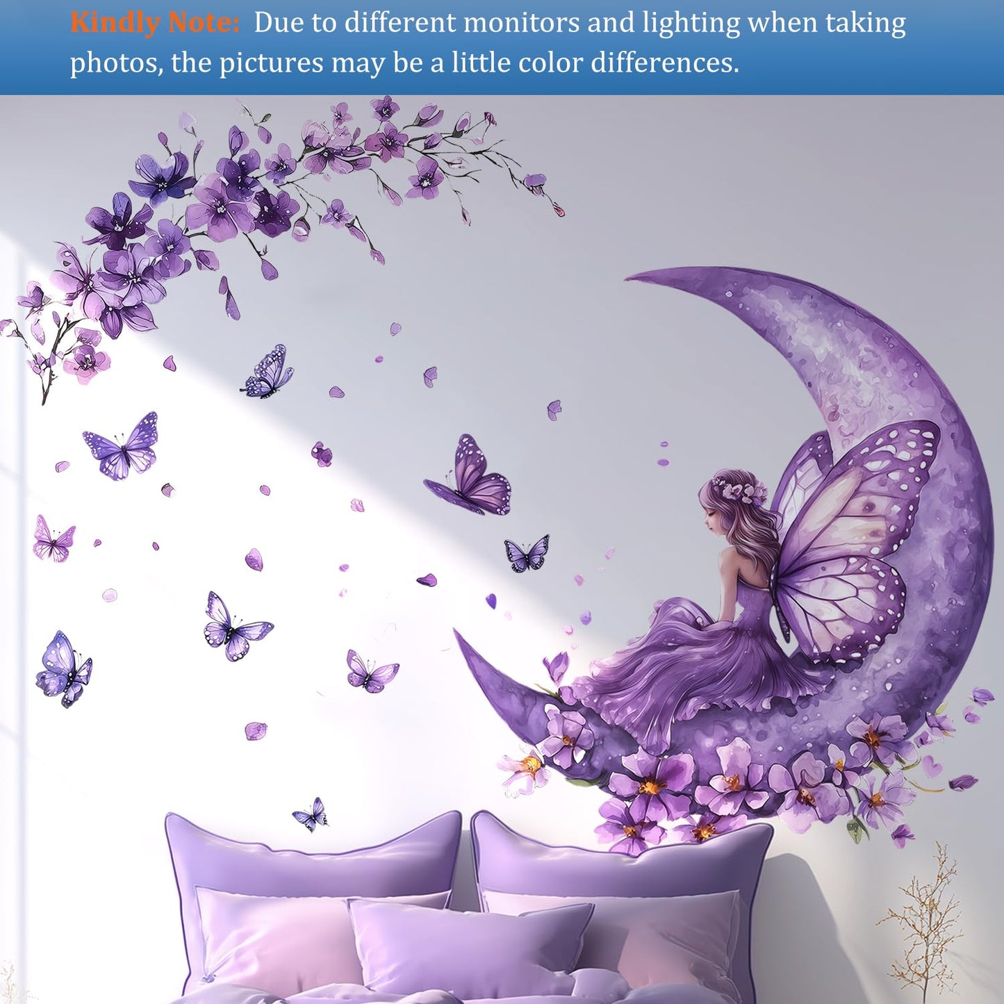 VePret Purple Fairy Wall Decals Peel and Stick, Butterflies Moon Flowers Wall Stickers, Removable Vinyl Home Decor Art for Girls Bedroom Baby Nursery Daycare