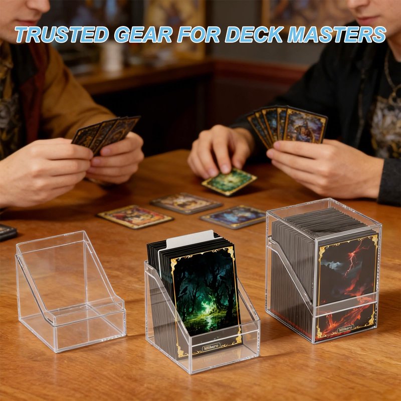 Mlikero Card Deck Cases, 4 Pack Acrylic Commander Deck Box Holding 100+ Sleeved Cards with 4 Dividers, Sturdy Card Storage Box Fit for MTG, TCG, Sports Cards (Clear&Black)