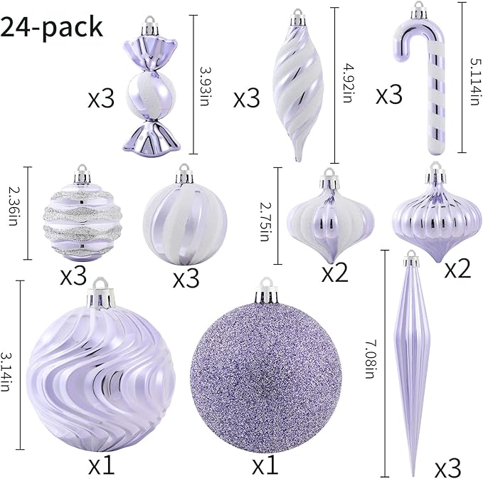 Christmas Ball Ornaments Set Shatterproof Christmas Tree Ornaments 24 PCS Painted Shaped Styles Xmas Tree for Holiday Decor,Purple