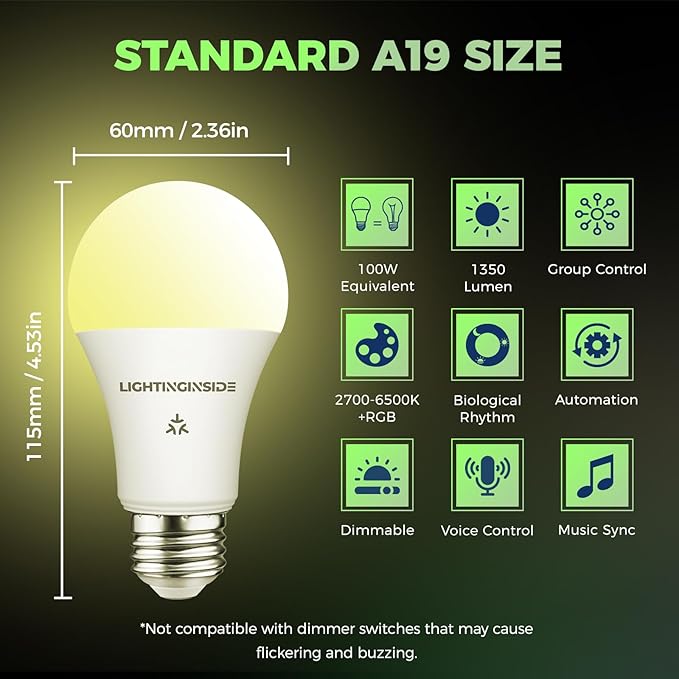 Lightinginside Matter Smart Light Bulbs 100W Equiv, Compatible with Alexa/Apple Home/Siri/Google Home/SmartThings, A19 E26 WiFi RGBCW Color Changing Light Bulb, 11W 1350LM, 2.4G WiFi, ETL Listed, 4PCS