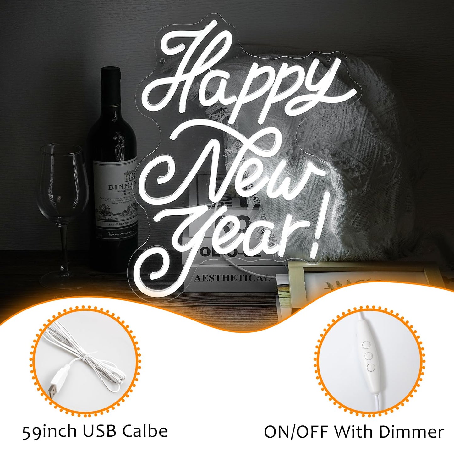 Happy New Year Neon Sign Led Spring Festival Neon Lights for Wall Decor Usb New Year Party Light Up Signs for Home Bedroom Christmas Business Decorations Gifts for Friends