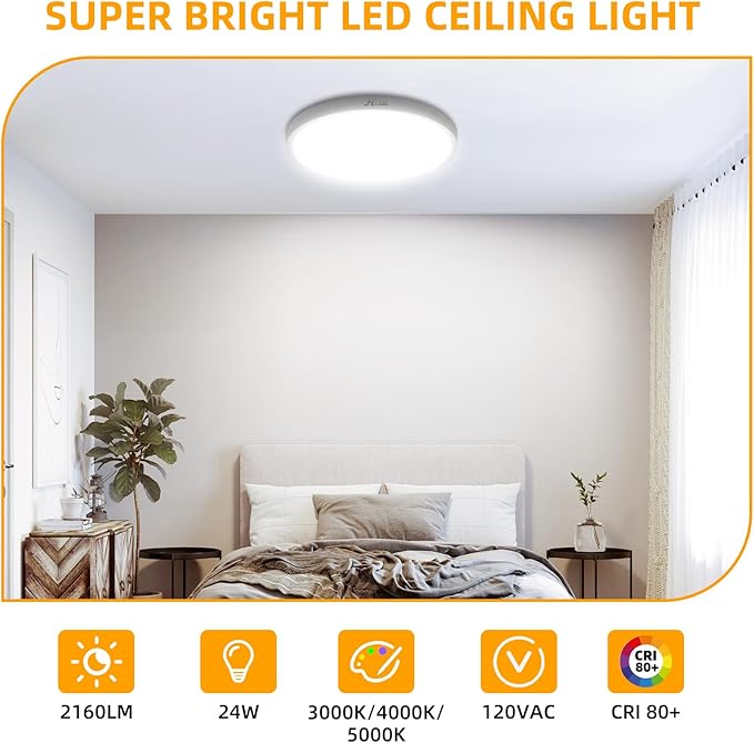 Hlite 4pack 12 inch Flush Mount LED Ceiling Light Fixture,24W 2400LM Super Slim Light Fixtures Ceiling Mount 3000K/4000K/5000K 3CCT Selectable,Ceiling Light Fixtures for Kitchen,Bedroom(White)