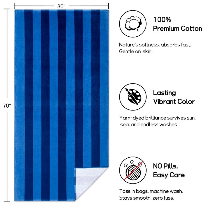 cabanana Large Beach Towel Oversized - 35 x 70 Inch Cotton Pool Towel, Soft Thin Velour Swim Towel for Adults (Stripes Blue)