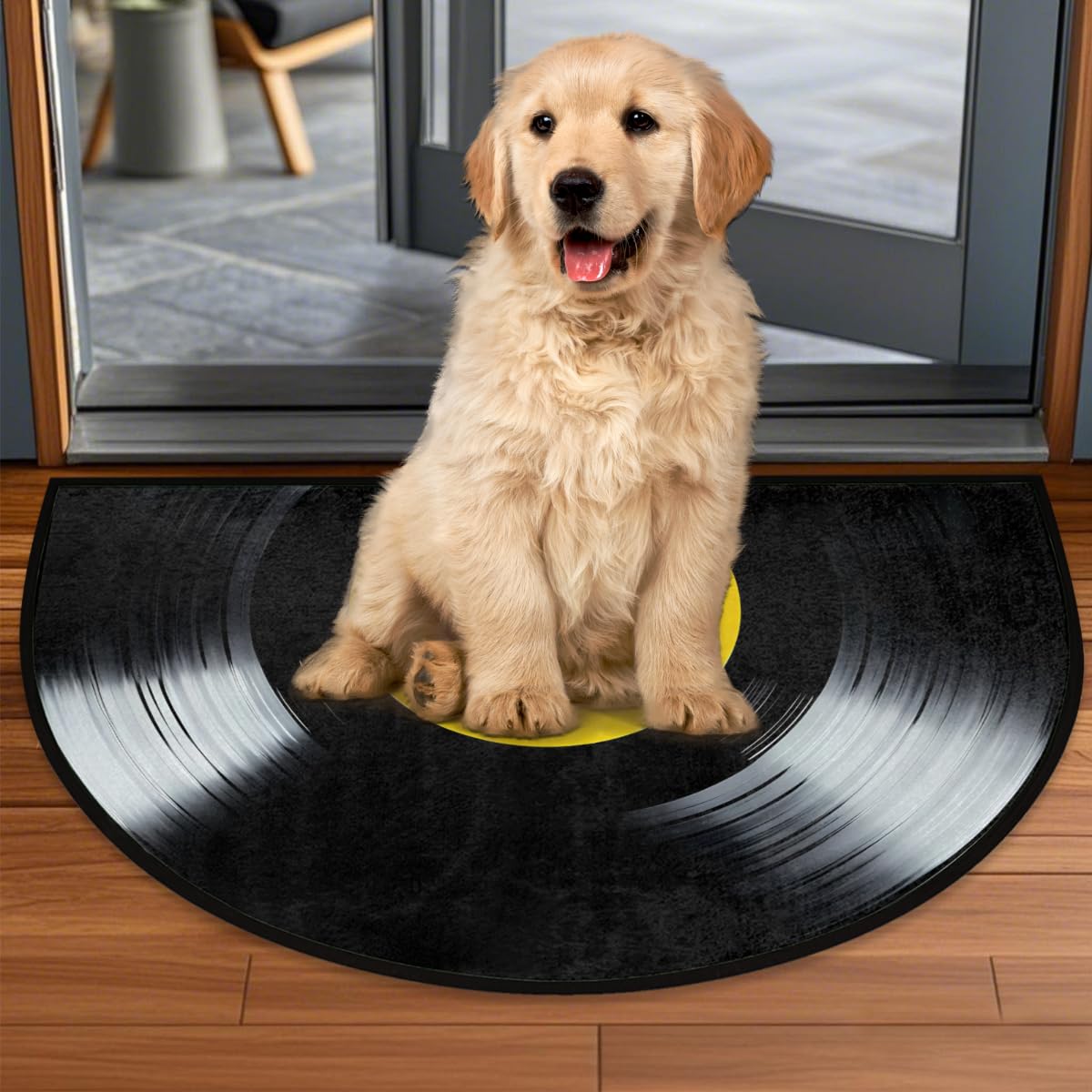 YPPAHHHH Half Round Door Mat Yellow Label Black Vinyl Record Welcome Mats Non-Slip Front Doormat Indoor Entrance Half Circle Bathroom Mat Low-Profile Kitchen Floor Mats, 36x24in