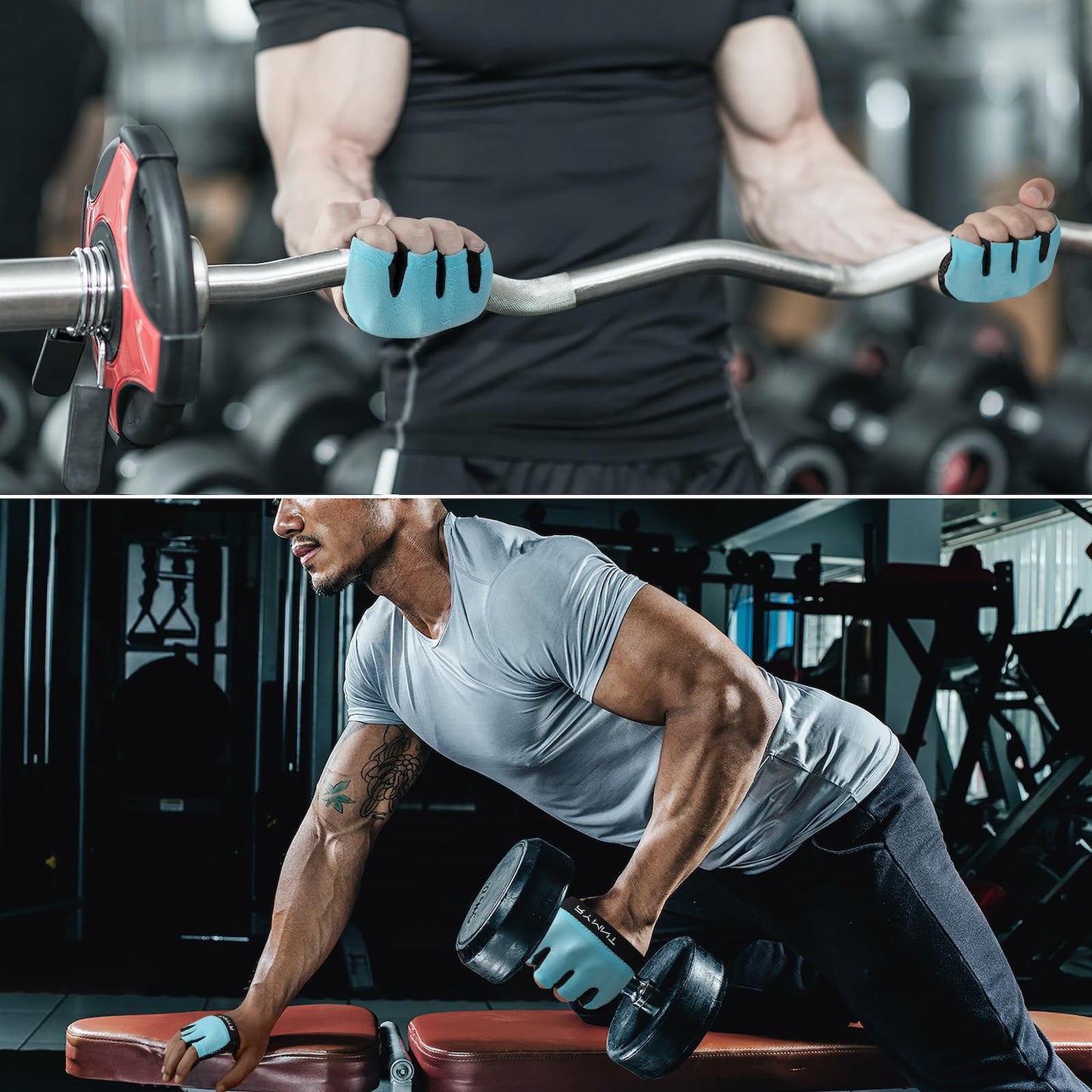 RYMNT Minimal Workout Gloves,Short Micro Weight Lifting Gloves Grip Pads with Full Palm Protection & Extra Grip for Men Women Weightlifting,Gym,Cross Training,Powerlifting,WODs.Aqua-Large
