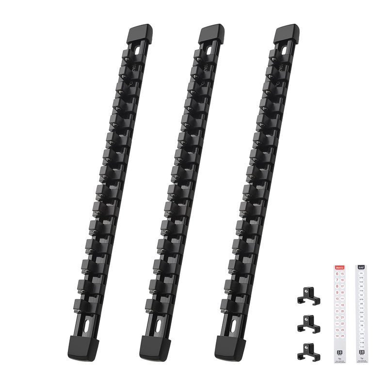 Reniteco 3-Piece Socket Organizer - 3/8-Inch Drive x 45 Clips, Heavy Duty ABS Socket Holder with Removable End Caps, Premium Socket Rail for Tool Box Drawer