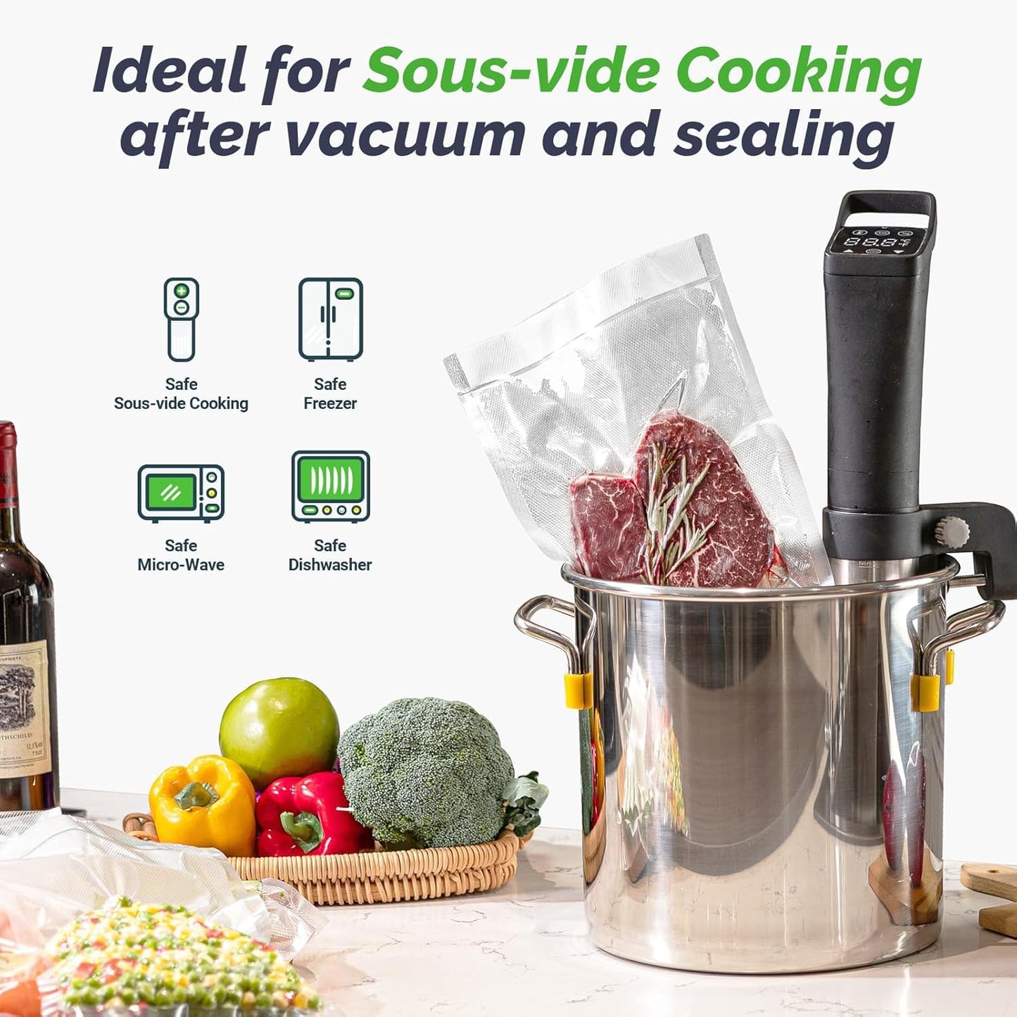 GERYON Vacuum Sealer Machine, Food Vacuum Sealer with Powerful Suction | Slim Design | Easy to Use | Led Indicator Lights for Sous Vide, Meal Prep, w/Starter Kits for Vacuum Seal Container (Black）