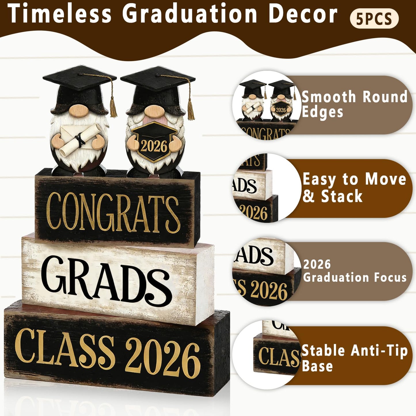 2026 Graduation Table Decorations Class of 2026 Senior Tiered Tray Decor Wooden Gnome Block Signs Farmhouse Congrats Grad Tabletop Party Centerpiece for Tables Wooden Sign for Home Decor